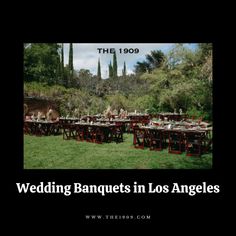 the 1950 wedding banquet in los angeles is set up outside with red chairs and tables