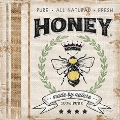 a label for honey with a bee on it