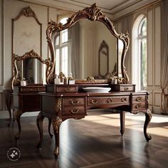 an antique desk with mirror and drawers in a room that has wooden floors, large windows, and wood trimmings on the walls