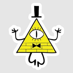 a yellow triangle with an eye and bow tie on it's head, in the shape of a pyramid