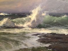 an oil painting of waves crashing on rocks