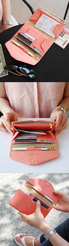 Oh my! This travel must-have is definitely going on my wishlist! The cute and colorful All-in-One Leather Pop Clutch is the new way to travel simply! It has plenty of pockets and space for my cards, cash, and coins as well as a pen, key, and even my passport! Why carry everything separately when I can have all my travel essentials in one convenient (and stylish) accessory? Don’t be weighed down by a heavy and bulky purse. Instead, be empowered to travel lightly and check out this super clutch! Lv Bags, Purse Organization, Diy Couture, Daily Essentials, Pen Holder, Key Holder, Sling Bag, Things To Buy, Travel Essentials