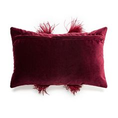 a red velvet pillow with two tassels on the front and one in the back