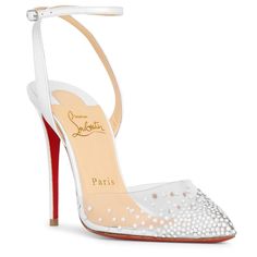 White Shimmer Leather And Transparent Pumps From Christian Louboutin. The Spikaqueen Has Transparent Uppers Adorned With White Crystal Embellishments, A Leather Ankle Strap With Buckle Closure And A Heel Measuring 100mm. Signature Red Leather Sole Made In Italy Christian Louboutin Heels Wedding, Louboutin Heels Wedding, White Louboutin Heels, Louboutin Wedding Heels, White Louboutin, Louboutin Wedding Shoes, Christian Louboutin Wedding Shoes, Beautiful Wedding Shoes, Red Bottom Heels