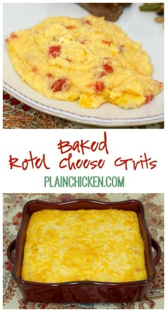 two pictures with different types of food in them and the words baked royal cheesy grits