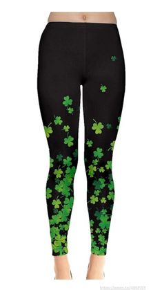 Womens Stretchy Pants Green Shamrock St Patrick's Day Clover Leaves Leprechauns Leggings. #leggings #clover #green #shamrock #stpatricksday #pants #tights #stretchy Clover Leaves, Green Shamrock, Saint Patties, Pants Green, Polyester Spandex Fabric, Clover Green, Stretchy Pants, Clover Leaf, Long Shirt