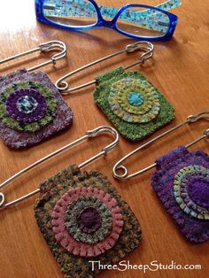 six crocheted coasters with eyeglasses on them