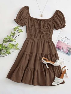 Free Returns ✓ Free Shipping On Orders $49+ ✓. SHEIN Tie Neck Ruched Bust Tiered Dress- Women Dresses at SHEIN. Teen Dress, Causal Dresses, Teen Girl Dresses, Shein Dress, Cute Summer Outfits, Brown Dress