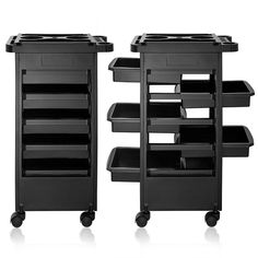 two black plastic bins with wheels and trays on each side, one is empty