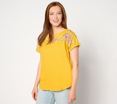 Freshen up your solid separates with this delightful dolman sleeve top. Embroidery around the neckline adds a fabulous face-framing feature that instantly elevates any casual outfit. From Denim & Co.® Fashions. Spring Embroidered Neckline Crew Neck Top, Spring Crew Neck Top With Embroidered Neckline, Casual Cotton Tops With Embroidered Neckline, Casual Cotton Top With Embroidered Neckline, Floral Embroidery Tops For Fall Day Out, Floral Embroidery Tops For Day Out In Fall, Floral Embroidered Tops For Fall Day Out, Embroidered Tops For Fall Day Out, Fall Floral Embroidery Tops For Day Out