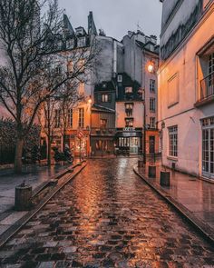 an empty street with cobblestones in the rain