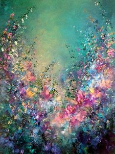 an abstract painting with lots of flowers on it