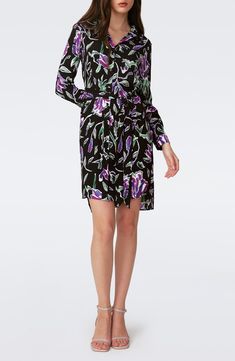 Brushstroked blooms dance across a sweet shirtdress that works for desk days and drinks dates. Front button closure Spread collar Long sleeves with roll-tab cuffs Removable sash 100% polyester Dry clean Imported Elegant Floral Print Shirt Dress For Work, Formal Long Sleeve Floral Print Shirt Dress, Formal Long Sleeve Shirt Dress With Floral Print, Printed Shirt Dress For Workwear, Fitted Floral Print Shirt Dress For Formal Occasions, Formal Fitted Floral Print Shirt Dress, Formal Fitted Shirt Dress With Floral Print, Feminine Floral Print Shirt Dress For Work, Multicolor Floral Print Shirt Dress For Work