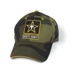 Camo army style cap God's Army appliqued and embroidered graphics star and cross; decorative metal stud trim; adjustable hook and loop back closure; green. One size fits most adults. Green Military Cotton Hat, Green Cotton Military Hat, Military Hat With Adjustable Logo Patch, Green Military Baseball Cap With Flat Bill, Green Military Style Baseball Cap With Flat Bill, Women Conference Ideas, Military Life Quotes, Army Basic Training, Whole Armor Of God