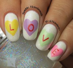 Conversation heart inspired! Converse With Heart, Heart Nails, Cool Conversation Heart Nails, Diy Valentine's Nails, Manicure Inspiration, October Nails, Conversation Heart