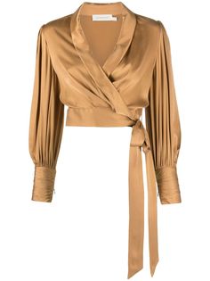 sand brown silk satin finish wrap design shawl collar plunging V-neck long puff sleeves cuff zips side tie fastening cropped Satin Wrap Blouse, Satin Wrap Top, Silk Wrap Top, Wrap Crop Tops, Brown Silk, Satin Blouse, Silk Wrap, Long Puff Sleeves, Wrap Blouse