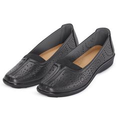 Designed With Comfort In Mind, These Slip-On Shoes Are Ideal For Everyday Wear. Stylish And Versatile, They Have Padded Insoles With Built-In Arch Supports And Flexible, Lightweight, Skid-Resistant Soles. The Easy On/Off Design Features Stretch Inserts In Front And Laser Cut Details. Polyurethane; Imported. Choose: Brown Or Black. Available In: Sizes: 6, 7, 8, 9, 10 (Half Sizes Order Next Larger Size). Black Slip-resistant Round Toe Flats, Slip-resistant Synthetic Flats With Round Toe, Comfortable Black Flats With Round Toe, Black Comfortable Flats With Round Toe, Black Flats With Round Toe, Comfortable Black Flats With Rubber Sole, Comfortable Black Closed Toe Flats, Comfortable Black Flats With Textured Sole, Black Flat Slip-ons With Textured Sole