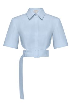 Cotton cropped shirt with a separated belt. Stitched. Hidden button fastening. 3/4 sleeves. Color: ice blue. Shell: 100% Cotton Made in Georgia This particular piece is non-returnable and non-exchangeable. High Fashion Street Wear, Office Clothing, Monogram Shirt, Shirt Drawing, Fashion Street Wear, Blue Shell, Monogram Shirts, Concept Clothing, Briar Rose