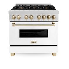 Luxury isn’t meant to be desired - it’s meant to be attainable. The ZLINE Autograph Edition 36 in. 4.6 cu. ft. Legacy Dual Fuel Range with 6 Burner Gas Cooktop and Electric Convection Oven in DuraSnow® Stainless Steel with White Matte Door and Polished Gold Accents (RASZ-WM-36-G) pairs a powerful gas cooktop with 6 Italian-crafted burners, an electric convection oven, a beautiful white matte door with a Landscape window design, and elegant polished gold knobs and handle. With innovative features Zline Autograph Edition, Dual Fuel Ranges, Appliance Packages, Gas Oven, Gas Cooktop, Gas Burners, White Doors, Champagne Bronze, Electric Oven