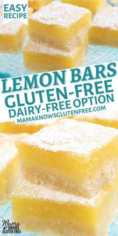 Gluten-free lemon bars on a teal glass cake plate. Cookies Sans Gluten, Glutenfri Baking, Gluten Free Lemon Bars, Gluten Free Dairy Free Dessert, Dairy Free Baking, Lemon Bars Recipe, Dessert Simple, Gluten Free Desserts Recipes