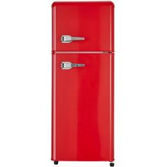 a red refrigerator freezer sitting on top of a white wall