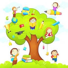 children are sitting on the tree with books and pencils