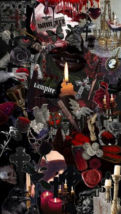 a collage of images with candles and other things in them, including blood on the wall