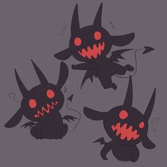 three cartoon monsters with red eyes and fangs