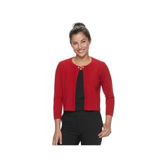 Add a sophisticated final layer to any outfit with this women's Nina Leonard bolero cardigan, featuring simulated pearl accents. Watch the product video here.PRODUCT FEATURES Simulated pearl accent Hook-and-eye closure 3/4-length sleeves FIT & SIZING Cropped length FABRIC & CARE Rayon, nylon Machine wash Imported Size: Medium. Color: Red. Gender: female. Age Group: adult. Elegant Red Cardigan For Fall, Evening Cardigan For Spring, Elegant Red Spring Cardigan, Elegant Fitted Cardigan, Fitted Red Cardigan, Stretch Cardigan For Workwear, Bolero Cardigan, Bolero Jacket, Length Sleeve