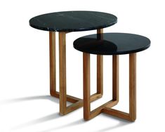 two tables with black marble top and wooden legs, one on the other end table