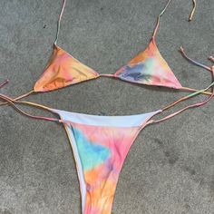 Colorful String Bikini, Never Worn Before, Plus Size, Adjustable Colorful Triangle Top Swimwear For Beachwear, Colorful Triangle Top Swimwear For Spring, Fun Multicolor Swimwear For Beach Party, Colorful Triangle Top Swimwear For Summer, Tie Dye Swimwear For Sunbathing In Beach Season, Tie Dye Swimwear For Sunbathing And Beach Season, Multicolor Triangle Top Swimwear For Beach Party, Colorful Stretch Swimwear For Summer, Colorful Triangle Top Summer Swimwear