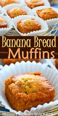 banana bread muffins in white paper cups on a blue tablecloth with text overlay