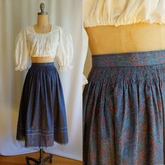 "A gorgeous dirndl skirt made in the 60s Fine cotton blend Beautiful ruching detail at the waist Pintucks near the hemline Fully lined Back zipper and button closure Label - Rehli Modelle Made in Austria Cotton and Modal Acetate lining Waist - 28\" Length - 31\" Excellent vintage condition" Dirndl Skirt, Laura Ashley, Pin Tucks, Petticoat, Sewing Dresses, Sewing Inspiration, High Waisted Skirt, Pretty Outfits, Midi Skirt