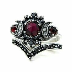 Ideal wedding rings! Purple Stone Rings, Triple Moon Goddess, Black Diamond Engagement, Triple Moon, Moon Ring, Black Diamonds, Crystal Wedding, Purple Crystals, Red Crystals