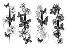 butterflies and flowers are drawn in black ink on white paper, with the lines running through them