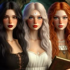 three beautiful women with long hair are standing next to each other and one is holding a book