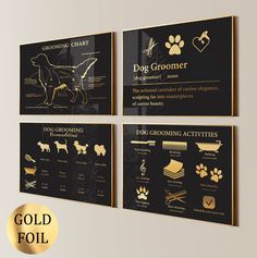 three black and gold dog grooming posters on the wall