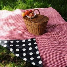 a picnic blanket with apples in a basket on it