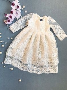 Hemera two-layered lace dress, christening gown, ivory christening gown, flower girl dress, communion girl's dress, infant baptism gown Outfit For Wedding, Blessing Gown, Girls Baptism Dress, Flower Girl Gown, Blessing Dress, Beautiful Lace Dresses, Baptism Gown, Christening Gown