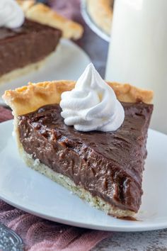 an old fashioned chocolate pie on a white plate with whipped cream and a glass of milk in the background