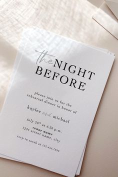 a white wedding card with the words night before printed on it