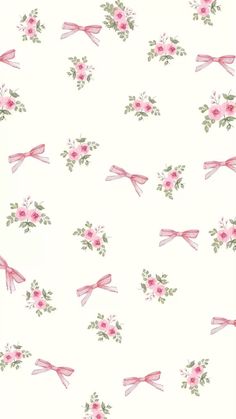 a white background with pink flowers and bows