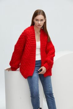 "Oversize cardigan gives you cozy feel and stylelish looking! Feastures: * Open front cardigan * Oversize looking * Drop-shoulder sleeves * 100% pure Australian chunky wool yarn - soft and cozy, no itchy at all! Size: S/ M(us 4-8) L/XL(10-16). Pls. choose size and color options. Size Measurements: S/M: chest 52\"(132cm), length -26\"(66cm) L/XL: chest 55\"(140cm), length- 28\"(70cm) If you want it in different size or measurements, pls. leave the note or convo me so I can make a special listing Slouchy Chunky Knit Fall Cardigan, Slouchy Chunky Knit Cardigan For Fall, Trendy Red Oversized Cardigan, Trendy Oversized Red Cardigan, Chunky Oversized Winter Sweater, Cozy Red Cable Knit Cardigan, Chunky Oversized Sweater For Fall, Red Chunky Knit Winter Cardigan, Oversized Red Cardigan For Fall