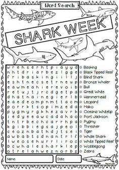 the shark week word search is shown in black and white