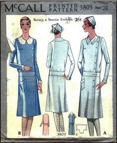 1920s Nurse Uniform Sewing Pattern - McCall 5805 ~ with the ubiquitous Cap 1920s Nurse, River Nymph, 1920s Patterns, Daytime Fashion, 1920's Dress, Vintage Nursing, Radium Girls, Fashion 1920s, 1920s Dresses