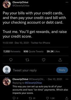 two tweets are on the same page, one is asking to pay for credit cards