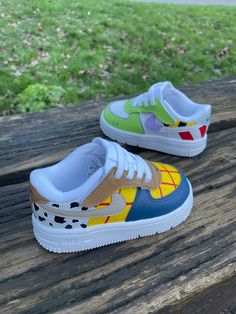 Toy Story Inspired' AF1 Customs by AF1essentials All of our Customs are Hand Painted & Made to Order - *Durable Leather paint used  *Waterproof  *Matt Finish Product  Our Customs can be ordered in all sizes from Toddlers to Adults - If you cannot find the size you are after, please contact us and we can assist you further!  We use Royal Mail for our Delivery Partners  Our Customs can take anywhere between 1-4 weeks Maximum depending on how busy we are at the time of your order.  Majority of our Toy Story Outfit, Toy Story Baby, Af1 Custom, Painted Nikes, Disney With A Toddler, Custom Painted Shoes, Disney Toddler, Disney Shoes