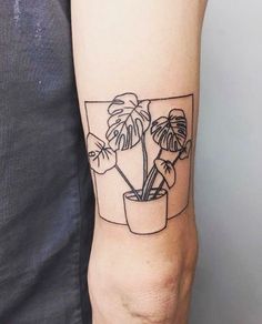 a black and white photo of a potted plant on the arm