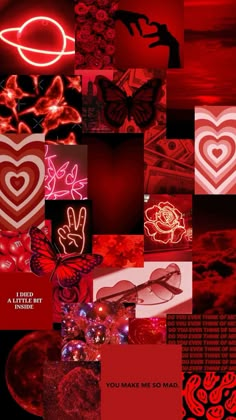 a collage of red and black images with hearts