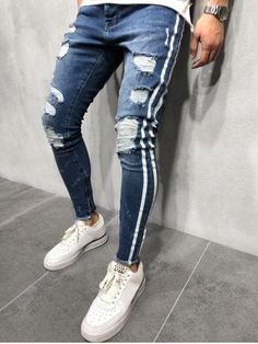 Ripped Jeans Men, Streetwear Jeans, Streetwear Mode, Zipper Jeans, Striped Jeans, Destroyed Jeans, Pencil Pants, Ripped Denim, Slim Jeans